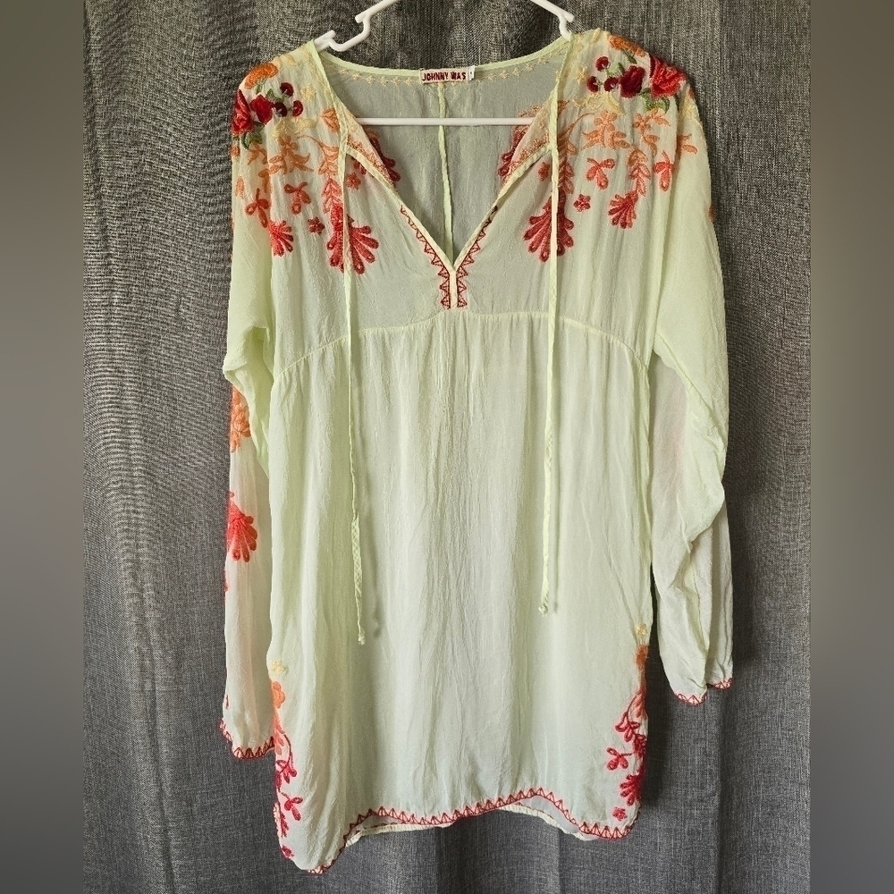 Johnny Was Sheer Floral Embroidered Tunic Dress Woman’s Small Light Lime Green